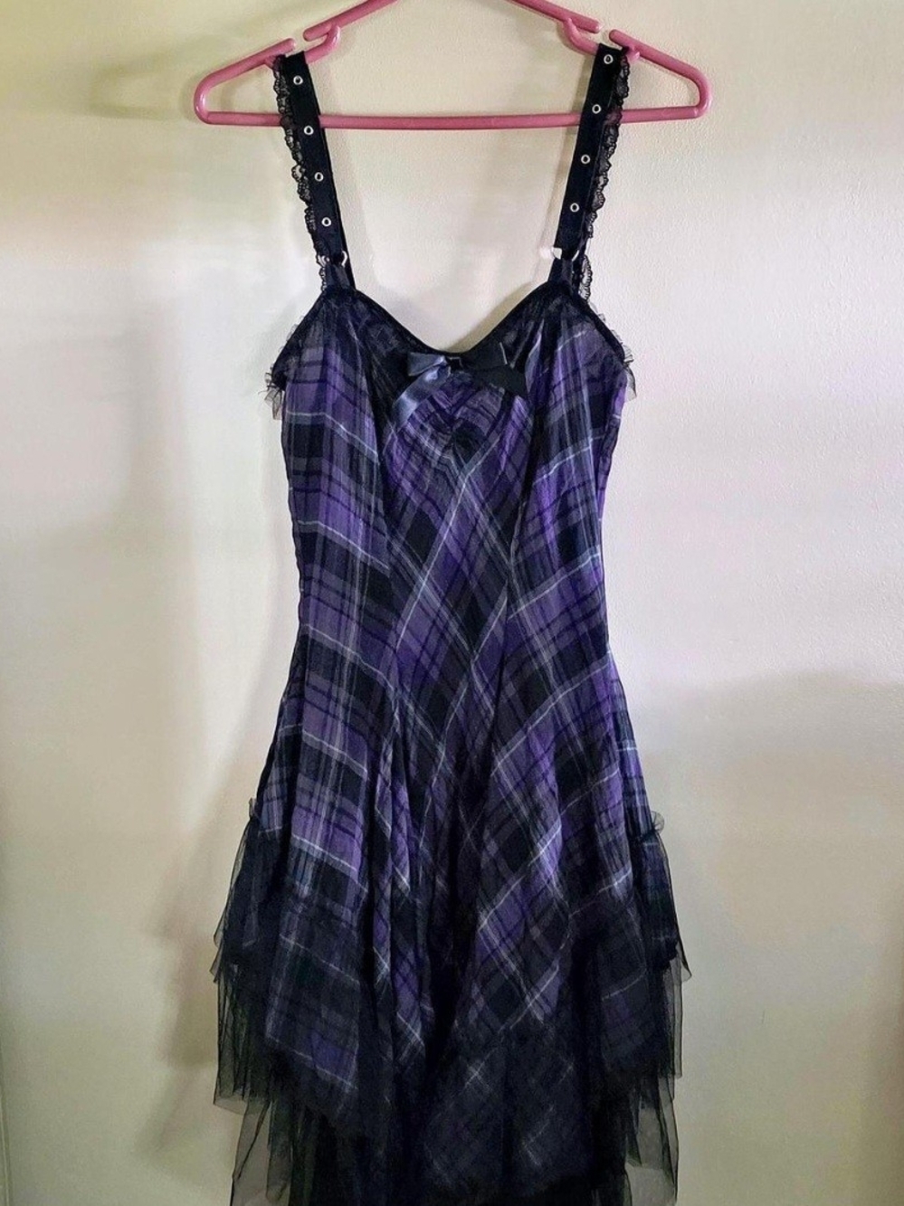 RARE Vintage Lip Service Purple Plaid Ruffle Dress w/Lace Trim & Tuelle, Pockets - Picture 5 of 14
